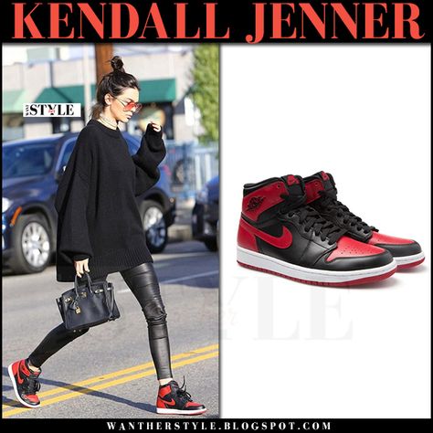 Kendall Jenner in black sweater, black leggings and red and black Nike sneakers Red And Black Nikes Outfit, White Adidas Outfit, Kendall Jenner In Black, Black Nike Outfit, Black Jacket Outfit, Red Nike Shoes, Black Nike Sneakers, Red And Black Outfits, Shopping Shoes