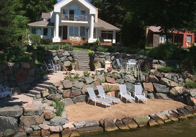 This would eliminate that awfully steep hill that's my backyard. What a great trip down to the lake it would be! Lake Landscaping, Lakeside Living, Pond Landscaping, Front Landscaping, Landscape Design Plans, Lake Living, Lake Beach, Lake Cottage, Lake Cabins