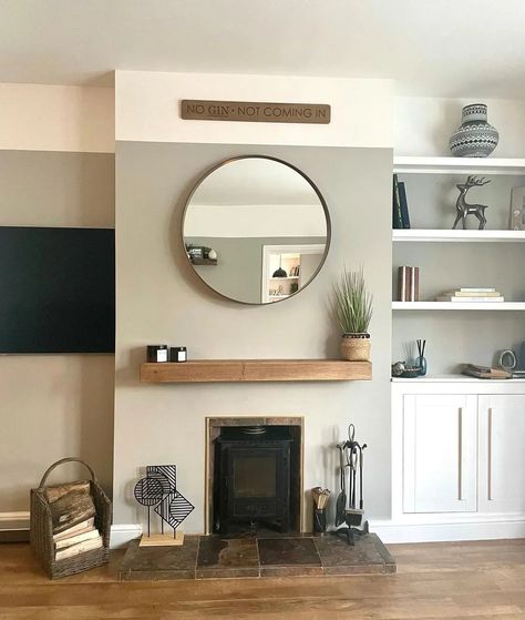 Chimney Breast Decor, Chimney Breast Shelving, Chimney Decor, Oak Fireplace, Real Wood Furniture, Feature Wall Living Room, Living Room Transformation, Beige Living Rooms, Chimney Breast