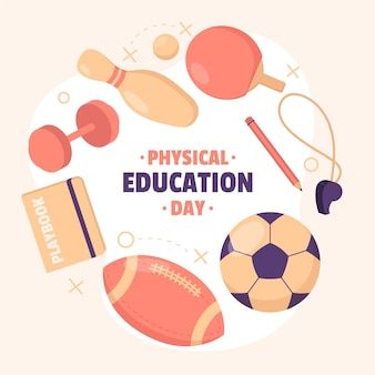 Physical education day illustration | Premium Vector %23Freepik %23vector %23physical-education %23school-sports %23school-activities %23kids-sport Physical Education Design, Physical Education Project Cover Page, Project Cover Page, Education Day, Education Logo Design, Education Week, Day Illustration, Education Logo, Madhubani Art