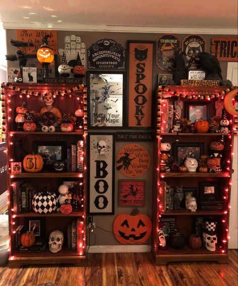 Halloween Decor House Indoor, All Year Halloween Decor, Halloween All Year Round Decor, Halloween Year Round Decor, Year Round Halloween Decor, Halloween Decor Ideas Indoor, Halloween Maximalism, Halloween Entertainment Center Decor, Halloween Tv Stand Decor