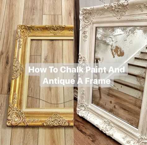 chalk paint / antiqued frame / DIY project / vintage mirror / old mirror DIY / painted frame / vintage / farmhouse / vintage porch Antiquing Picture Frames Diy, Painting Old Frames, Painting Old Picture Frames, Vintage Picture Frame Ideas, Chalk Paint Mirror Frame, Refurbished Doors, Refinish Mirror Frame, Vintage Frames Diy, Mirror Frame Painting Ideas