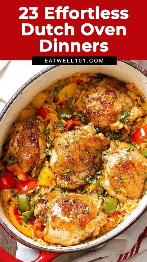 Dutch Oven Recipes: 23 of Our Best Dutch Oven Recipes for Dinner — Eatwell101 How To Use Dutch Oven, How To Cook In A Dutch Oven, Oven Dutch Oven Recipes, Meals To Make In A Dutch Oven, Meals In Dutch Oven One Pot, Chicken In Dutch Oven Recipes Dinners, Best Recipes For Dutch Oven, La Cruset Recipes Dutch Ovens, Lodge Enamel Dutch Oven Recipes