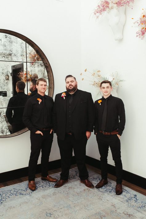 Groomsmen Vest Only Black, Officiant Attire Men, Khaki And Black Groomsmen Attire, Plus Size Wedding Suits Men, Black Groomsmen Attire Casual, Fall Wedding Groomsmen Attire Black, Black Groomsmen Attire No Jacket, Casual Groomsmen Attire Black, All Black Wedding Outfit Men