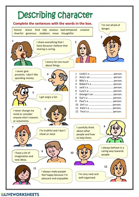 Personality Adjectives, Character Worksheets, Describing Characters, English Exercises, English Classroom, English Language Teaching, English Activities, Esl Teaching, Esl Worksheets