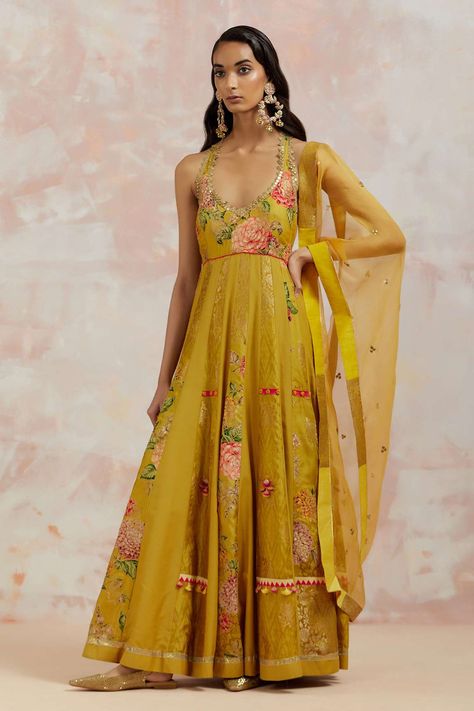 Shop for AUM by Asit and Ashima Yellow Silk Floral Embroidered Anarkali With Dupatta for Women Online at Aza Fashions Halter Neck Anarkali, Sleeveless Anarkali, Anarkali Suits Designer, Anarkali Designs, Sheer Dupatta, Anarkali With Dupatta, Daytime Wedding, Angrakha Style, Silk Anarkali