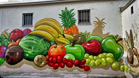 Vegetable Mural, Colourful Graffiti, Office Paint, Garden Mural, School Cartoon, Root Cellar, Graffiti Designs, Fruit Basket, Fresh Produce