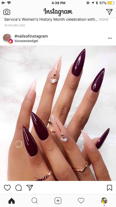 www.puddycatshoes.com Burgundy Stiletto Nails, Nails And Rings, Two Tone Nails, French Pedicure, Stiletto Nail Art, Stiletto Nails Designs, Shiny Nails, Burgundy Nails, Classy Nails