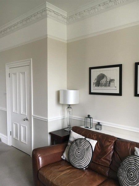 Living room painted in shaded white (under dado), slipper satin (above dado), all white ceiling and woodwork. Relaxed Living Room Decor, Dado Rail Living Room, Paint Farrow And Ball, Farrow And Ball Living Room, Relaxing Living Room, Dado Rail, Hal Decor, Farrow And Ball, Trendy Living Rooms