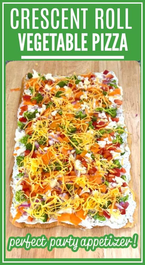 Vegetable pizza is made with a flaky crescent roll crust, a flavorful cream cheese spread, and a colorful medley of fresh vegetables. Make it for a crowd pleasing appetizer or a light meal. Cressant Roll Pizza, Veg Pizza Crescent Rolls, Vegetable Pizza Crescent Roll Ranch, Crescent Roll Veggie Pizza Cream Cheeses, Vegetable Pizza With Cream Cheese, Vegetable Pizza Crescent Roll, Cresent Roll Veggie Pizza, Vegtable Pizza, Veggie Pizza Crescent