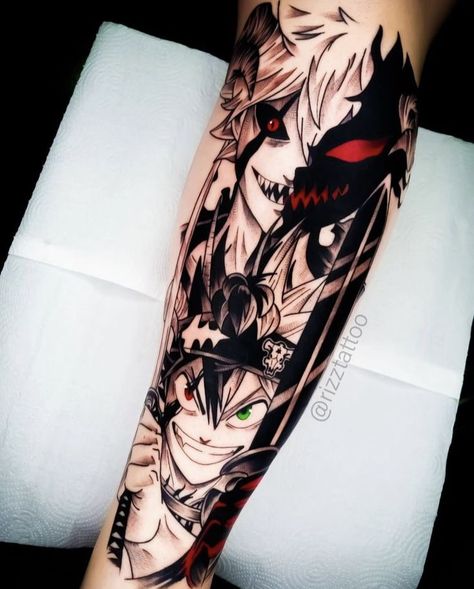 Asta Tattoo, Black Clover Tattoo, Tato Naruto, Bleach Tattoo, Leg Sleeve Tattoos, Watercolor Tattoo Ideas, Unique Half Sleeve Tattoos, Red Tattoo Ideas, Leg Tattoo Ideas