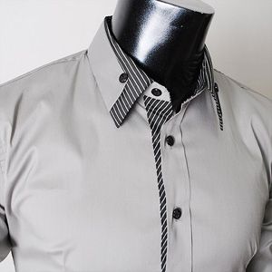 Men's long double collar cuff slim dress shirt. Double Cuff Shirt Men, Luxury Shirts For Men, Unique Shirt Designs For Men, Mens Shirt Details, Shirt Collar Design, Double Collar Shirt, Detail Couture, Stylish Shirts Men, Gents Kurta