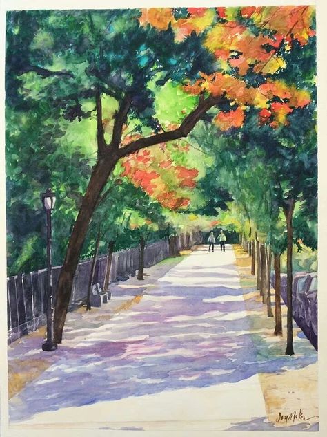 Watercolor landscape park path fall Park Drawing Background, One Point Perspective Watercolor, Perspective Watercolor Painting, Watercolor Perspective, Park Perspective, Path Watercolor, John Lovett, Mechanical Drawing, Perspective Images