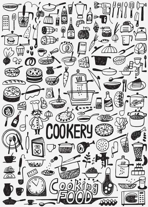 Illustration about Cooking food - set icons in sketch style. Illustration of sweet, dish, vegetables - 78282168 Cooking Doodles Art, Cooking Art Drawing, Recipe Doodles, Food Doodles Easy, Doodle Art Food, Cookery Design, Food Doodle Art, Cooking Doodles, Creativity Pictures