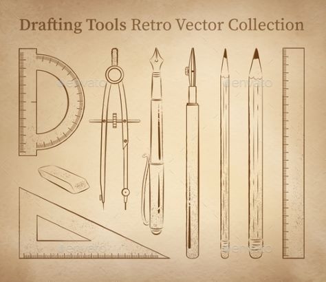 Drafting tools hand drawn vector set on vintage old paper background. Vintage Old Paper, Architect Tools, Essay On Education, Architecture Tools, Old Paper Background, Drafting Tools, Engineering Tools, Retro Vector, Architecture Drawing Art