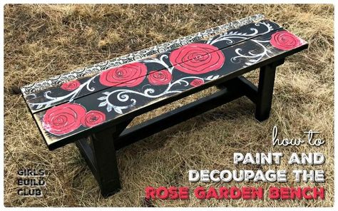 This tutorial will describe how to hand-paint and decoupage this rose garden design on a bench or whatever piece of furniture you have in mind. It's a real statement piece of furniture for anyone who loves colorful, one-of-a-kind pieces. It may look complicated, and it does take several steps, but I'll show you exactly how I got this look. You can do it! Roses Garden Care, Rustic Trellis, Garden Storage Bench, Cinder Block Bench, Diy Bank, Garden Bench Diy, Simple Benches, Rose Garden Design, Tree Bench