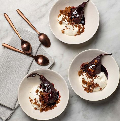 Red wine poached pears with vanilla Chantilly and crispy rye | Taste France Magazine Red Wine Poached Pears, French Cheese Board, Wine Poached Pears, Comte Cheese, Pecan Muffins, Pear Tart, Poached Pears, Shortcrust Pastry, Köstliche Desserts