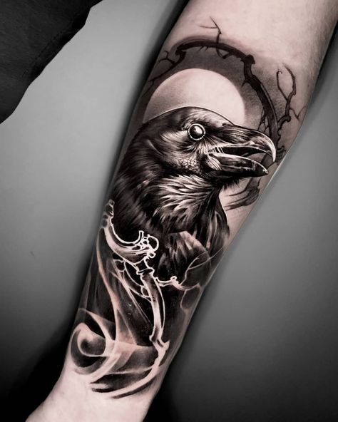 Viking Crow Tattoo Design, Raven Arm Tattoo, Traditional Tattoo Cover Up, Raven Tattoo Design, Odin's Ravens Tattoo, Norwegian Tattoo, Black Crow Tattoos, Crow Tattoos, Rabe Tattoo