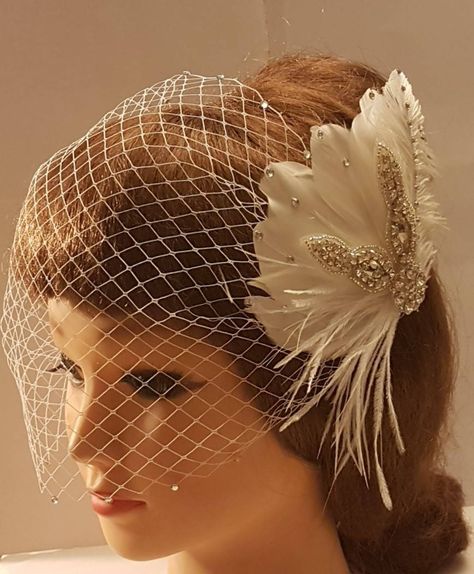 Fascinator Wedding, Birdcage Veil Headband, White Birdcage Veil, Cream Feathered Wedding Fascinator, Vintage Wedding Fascinator With Feathers, Cage Veil, Adjustable Hat-shaped Wedding Fascinator, Ivory Fascinator, Bridal Birdcage Veils