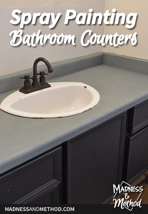 Do you have an ugly and outdated countertop? Spray painting bathroom counters is cheap and easy, and it completely transforms the look! Green Countertops Bathroom, Bathroom Counter Top Ideas, Bathroom Counter Makeover, Paint Bathroom Countertop, Bathroom Counter Paint, Diy Bathroom Countertop, Spray Paint Countertops, Painting Bathroom Countertops, Countertop Refinishing Kit