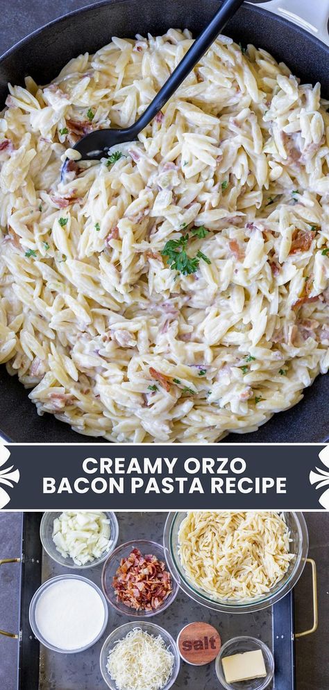 Indulge in the ultimate comfort food with this Savory Bacon Orzo Delight. This creamy pasta dish combines the rich flavors of crispy bacon with perfectly cooked orzo, creating a symphony of taste and texture in every bite. Perfect for a cozy dinner at home or impressing guests at your next gathering, this recipe is sure to become a favorite. Enjoy the simplicity of preparation and the complexity of flavor that makes this dish truly unforgettable. Orzo Sauce Recipes, Creamy Orzo Pasta Salad, Chicken Bacon Ranch Orzo, Bacon Orzo Recipes, Pasta With White Sauce Recipe, Gluten Free Orzo Recipes, Orzo Spaghetti, Orzo Side Dish Recipes, Orzo Alfredo