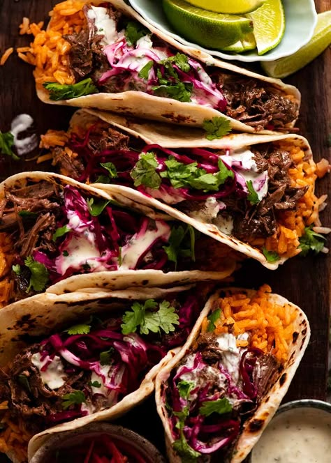 Overhead photo of Beef Barbacoa Tacos Mexican Pulled Beef, Barbacoa Tacos, Beef Barbacoa, Mexican Shredded Beef, Pulled Beef, Mexican Beef, Barbacoa Beef, Beef Cheeks, Recipetin Eats