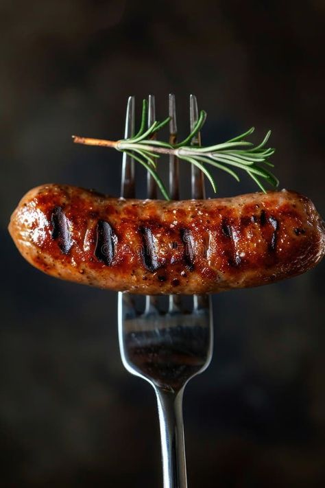 Close-up of a Grilled Sausage with Rosemary on a Fork against a Dark Background royalty free stock photography Sausage Photography, Chef Pictures, Meat Packaging, Grilled Sausage, Golden Fish, Stock Photography Free, Sausages, Dark Background, Dark Backgrounds