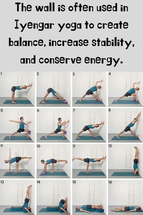 The wall is often used in Iyengar yoga to create balance, increase stability, and conserve energy. Yoga Balance Poses, Yoga Shoulder, Yoga Sequence For Beginners, Wall Yoga, Therapeutic Yoga, Middle Back Pain, Conserve Energy, Yoga For Seniors, Wall Workout