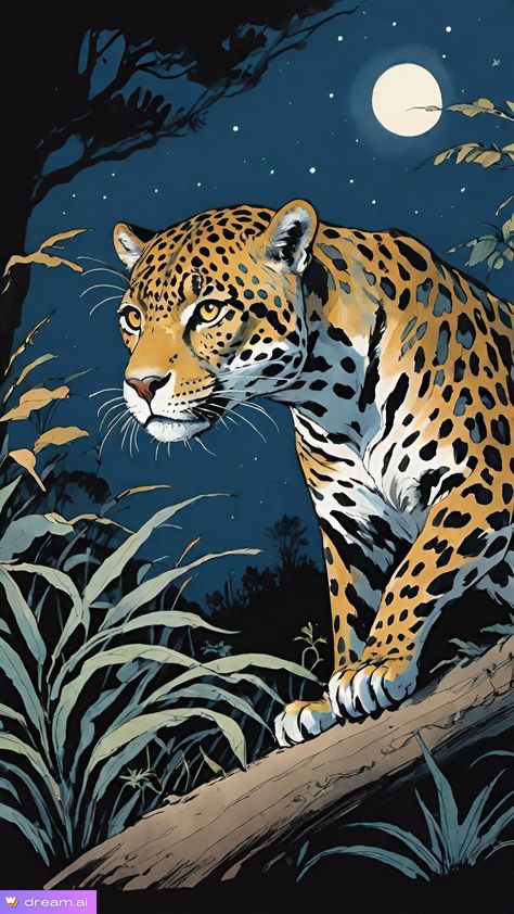 Tiger In Forest, Jaguar Illustration, Jaguar Art, Cosmic Art, Night Art, Digital Art Illustration, Leopards, Beautiful Cats, Animal Illustration