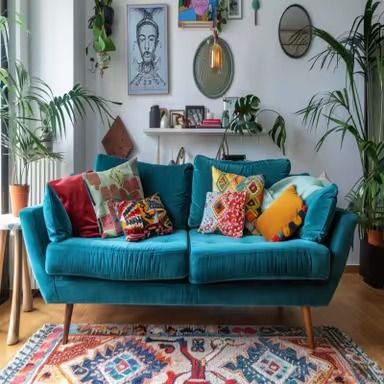 Bohemian Living Room Design With Teal Blue Sofa Teal Blue Sofa Living Room Ideas, Jewel Tone Living Room Bohemian, Teal Sofa Living Room Decor, Teal Blue Sofa, Teal Couch Living Room, Teal Sofa Living Room, Jewel Tone Living Room, Teal Couch, Blue Sofas Living Room