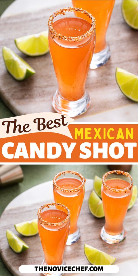 If you love sweet, spicy Mexican candy, you will love this Mexican Candy Shot! This fruity, watermelon-flavored tequila shot is rimmed with chili lime salt to really kick it up a notch! Mexican Lollipop Shot Recipe, Mexican Candy Jello Shot Recipes, Mexican Jello Shots, Watermelon Tequila Shots, Mexican Alcoholic Drinks, Spicy Mexican Candy, Watermelon Shots, Fruity Shots, Boat Recipes