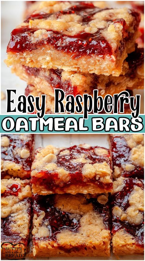 Raspberry Oatmeal Bars made with oats, brown sugar, coconut oil and raspberry jam! Easy oat bar recipe with fantastic sweet raspberry flavor! Oat Bar Recipe, Fall Dessert Bar, Jam Squares, Easy Oatmeal Bars, Raspberry Oatmeal Bars, Cookie Squares, Oatmeal Bars Healthy, Raspberry Bread, Oat Bar Recipes