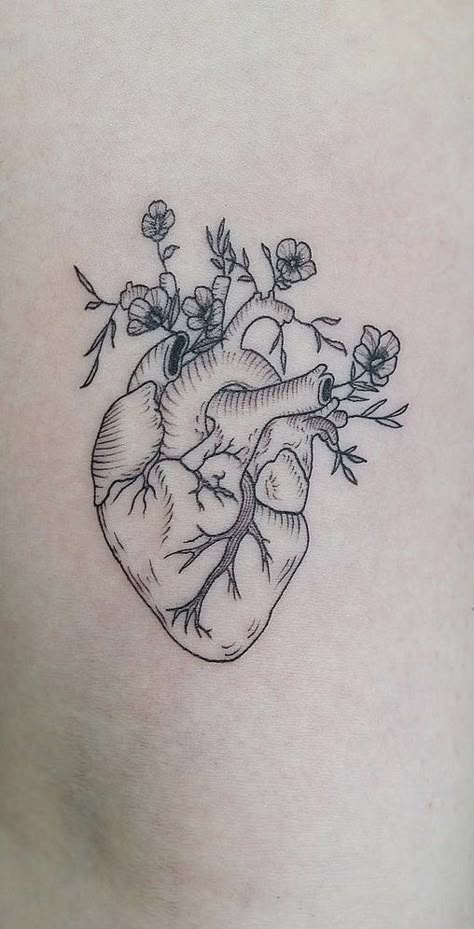 Minimalist Anatomical Heart Tattoo, 444 Heart Tattoo, Tattoos Skulls Women, Human Heart Outline Tattoo, Tattoos To Fill In Space, Blooming Heart Tattoo, Tattoo Ideas Anatomy, Atomically Heart Tattoo, Human Heart Tattoo Designs