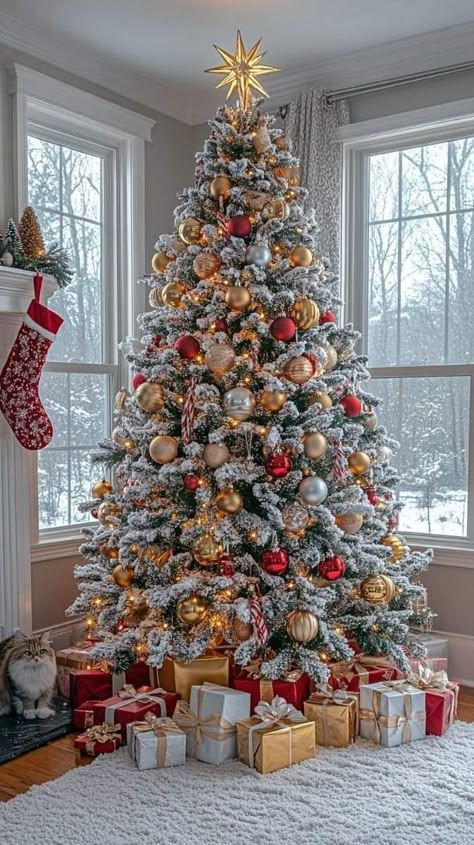 Snowy Christmas Tree Red And Gold, Red And Golden Christmas Tree, Red And Gold Frosted Christmas Tree, White Gold And Red Christmas Tree, Snowy Christmas Tree Ideas, Red White And Gold Christmas Tree, Snowy Christmas Tree Decorations, Red White Gold Christmas Tree, Frosted Christmas Tree Ideas