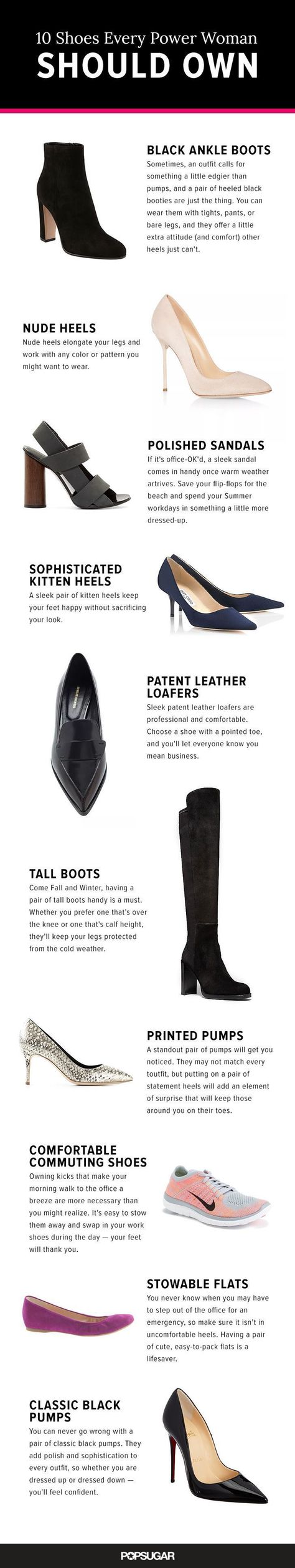 These 10 pairs are the essentials in your work wardrobe: think everything from classic pumps to lust-worthy loafers. Whether you're new to the business world or you're rising through the ranks, these are the shoes that deserve a space in your closet. Kasut Tumit Tinggi, Power Woman, Fashion Terms, Fashion Vocabulary, Tall Leather Boots, Boot Print, Classic Pumps, Fashion Hacks Clothes, Clothing Hacks