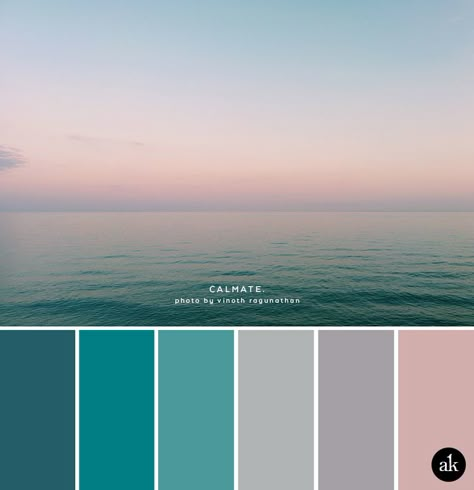 an ocean-sunset-inspired color palette // turquoise, gray, pale pink Pink Grey Teal Color Palette, Pink And Teal Colour Palette, Blue Green Teal Color Scheme, Pink Blue Colour Scheme, Teal Green And Pink Bedroom, Color Combo With Navy Blue, Blue And Gray Color Scheme, Teal And Gray Color Palette, Green Blue And Pink Color Palette