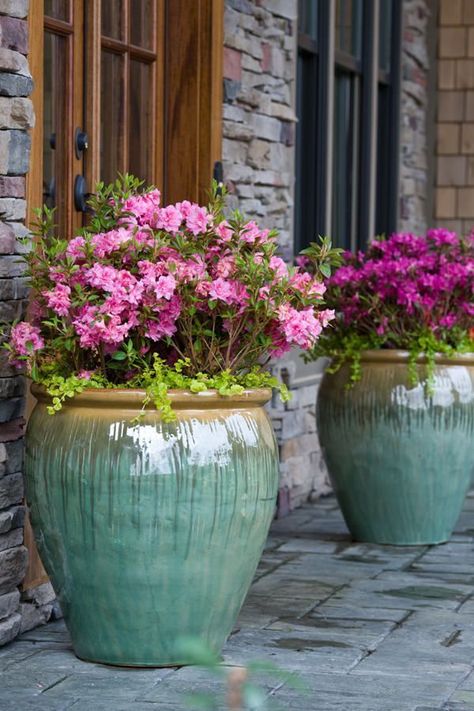 Pick out a large glazed pot. Stack unused plastic pots in the base to prop your hanging basket of flowers. Remove the wires of the basket and voila.. Front Step Decor, Large Garden Pots, Large Vases, Market Booth, Porch Decorations, Small Patio Garden, Creative Landscape, Large Flower Pots, Growing Veggies