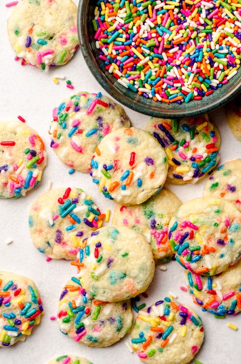 Soft and chewy drop sugar cookies filled with sprinkles. Keep them mini or make them standard size. Fill with your favorite holiday sprinkles! Fall Cookies With Sprinkles, Banana Cream Pie Cupcakes, Mini Sugar Cookies, Fruity Pebble Cookies, Cookies With Sprinkles, Drop Sugar Cookies, Sugar Cookies With Sprinkles, Fruity Pebbles Cereal, Cabin Trip