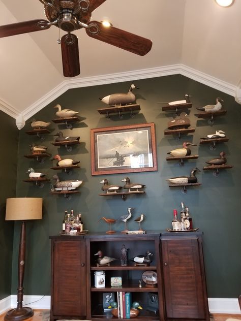 Our new look bourbon room Hunters Basement Man Cave, Decoy Duck Decor, Living Room Hunting Theme, Man Cave Ideas Hunting, Hunting Interior Design, Decoy Duck Display, Duck Hunting Room Ideas, Taxidermy Office, Woodsy Office Decor