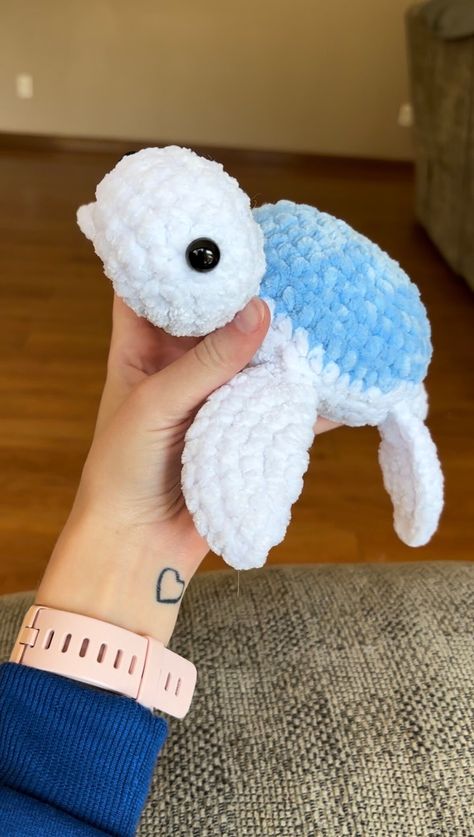 Blue and White hand-crochet turtle! I can also customize and personalize these, please feel free to reach out to me! Small Blue Crochet Projects, What To Crochet With White Yarn, Blue Crochet Projects, Blue Crochet Ideas, Blue And Yellow Crochet, Crocheted Plushies, Blue And White Crochet, Crochet Stuffies, Turtle Crochet