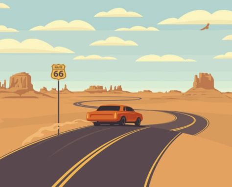 Roadtrip Illustration, Drive Illustration, Road Trip Art Illustration, Car On A Road Drawing, Road Trip Illustration, Car Driving Down Road Drawing, Desert Highway Drawing, Desert Road Illustration, Road Drawing