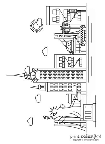 New York City skyline coloring page - Print. Color. Fun! Drawing Of New York, New York Drawing, Kids Printable Coloring Pages, New York Buildings, Nyc With Kids, New York Graffiti, Skyline Silhouette, New York City Skyline, City Drawing