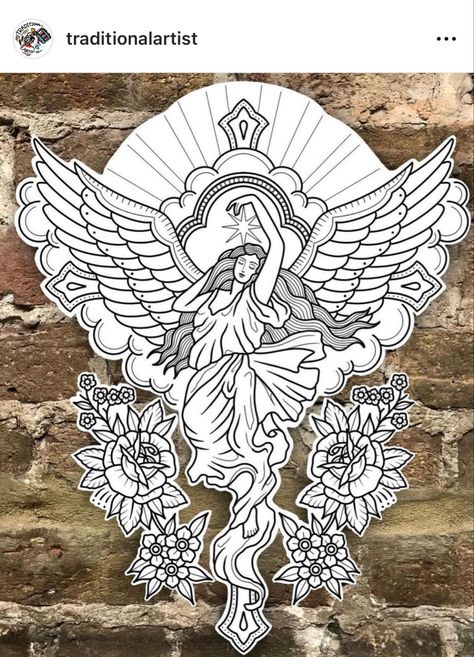 Angel Back Tattoo, Angle Tattoo, Sam King, Traditional Tattoo Old School, Traditional Tattoo Inspiration, Vintage Tattoo Design, Upper Back Tattoos, Warrior Workout, Back Piece Tattoo