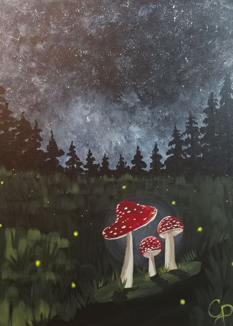 This is a 11 x 14 digital download of an original acrylic painting by Carrie! It has some cute mushrooms glowing under the galaxy! It is sure to go well in any room in the house. Great for kids room, bedroom, or bathroom decor! Print it out and give it as a gift, makes an easy and sweet birthday gift! **This is a digital download, no physical product will be sent. Art Mushrooms, Cute Mushrooms, Halloween Digital Art, Glowing Mushrooms, Mushroom Paint, Sweet Birthday, Abstract Art Inspiration, Galaxy Painting, Halloween Digital