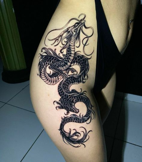 Dragon Tattoo Lower Back, Dragon Thigh Tattoos Women, Dragon Tattoo On Hip, Dragon Tattoo On Side, Dragon Tattoo Hip, Trip Tattoo, Dragon Tattoo Leg, Mermaid Sleeve Tattoos, Dragon Thigh Tattoo