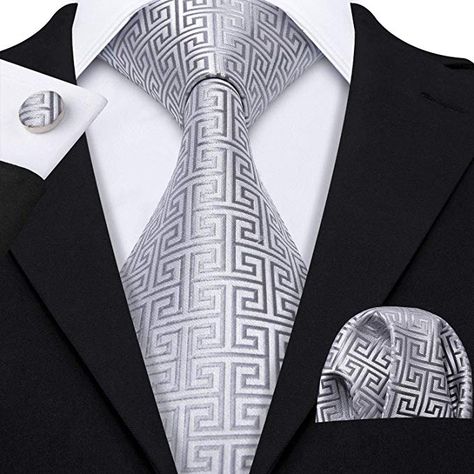 Amazon.com: Barry.Wang Retro Silver Geometric Pattern Tie Set: Clothing Blue Necktie, Luxury Ties, Mens Silk Ties, Ties For Men, Tie For Men, Paisley Tie, Tie Men's, Men Formal, Cufflink Set