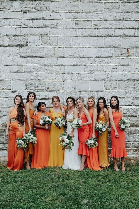 unique wedding dresses Tangerine Wedding, Slip Wedding Dress, Funky Wedding, Orange Bridesmaid, Citrus Wedding, Orange Bridesmaid Dresses, Yellow Bridesmaid Dresses, Yellow Bridesmaids, Sunset Wedding