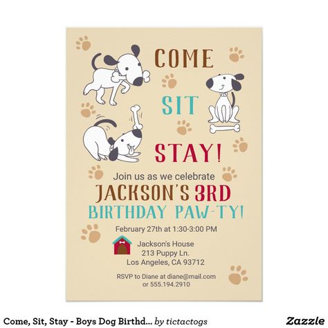 Come, Sit, Stay - Boys Dog Birthday Party Invite Have an awesome doggy birthday paw-ty with this adorable invitation! Features cute dogs, paw prints, and the tagline, "Come, Sit, Stay!" Perfect for children that absolutely love dogs. ❤ Affiliate ad link.  Fun birthday party invites - customize your invitations or products.  #birthdayparty #invites #invitations Puppy Party Invitations, Chase Birthday Party, Puppy Birthday Party Ideas, Puppy Party Birthday, Puppy Adoption Party, Vet Party, First Birthday Planning, Puppies Birthday, Dog Parties