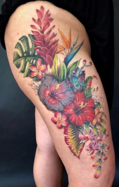 <<Check out more Hibiscus tattoos  #tattoomenow #tattooideas #tattoodesigns #hibiscus #flower Hibiscus Thigh Tattoo, Tropical Flower Tattoos, Tatuaje Cover Up, Hawaiian Flower Tattoos, Colorful Flower Tattoo, Hibiscus Flower Tattoos, Tropical Tattoo, Floral Thigh Tattoos, Flower Thigh Tattoos