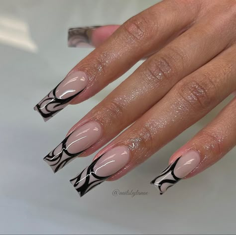 Neutral Halloween Nails Coffin, Black And Tan Nails Acrylic, Cream And Black Nails, Neutral Birthday Nails, Black And Tan Acrylic Nails Coffin, Black Classy Nails, Black French Tip Scream Nails, Cute Nails French Tip, Cute Nails French